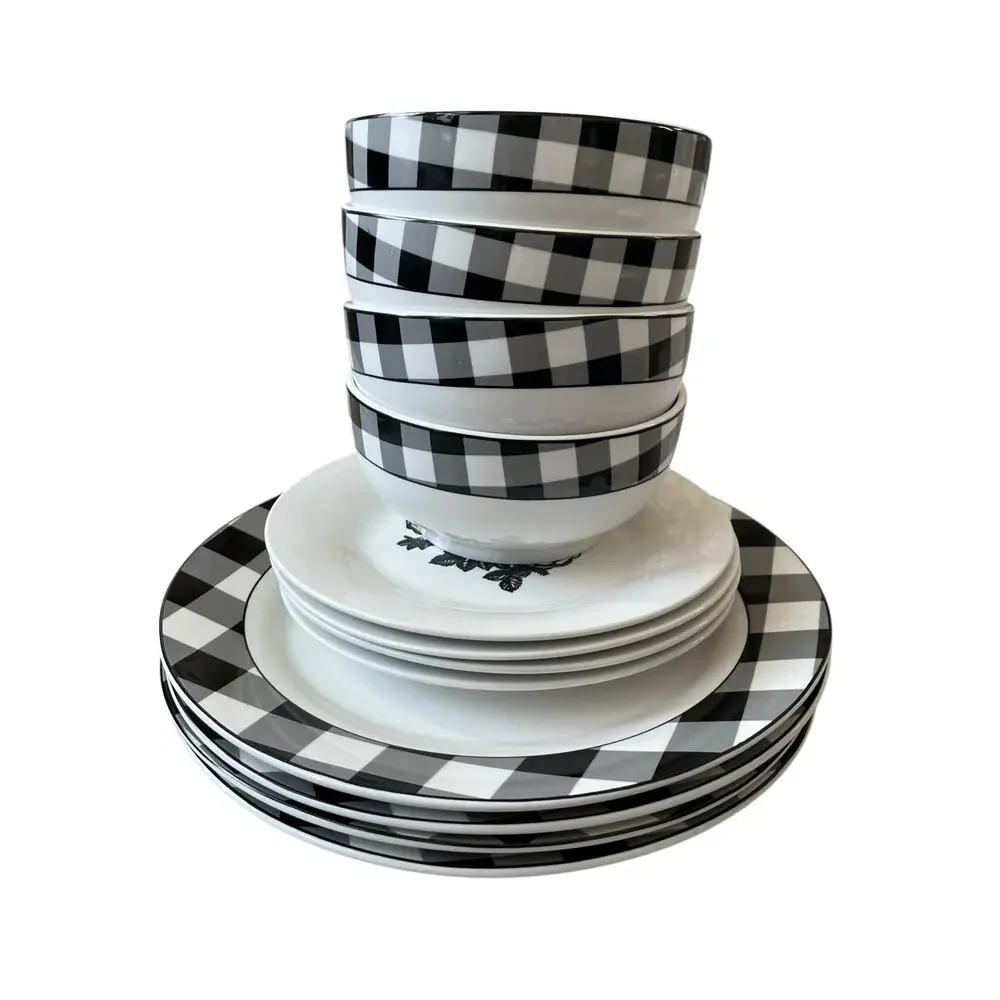 Godinger Black White Checkered Gingham Porcelain Dinner Plates 10.5
